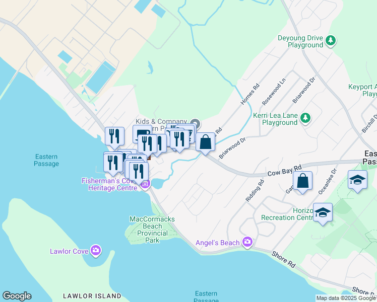 map of restaurants, bars, coffee shops, grocery stores, and more near 87 Cow Bay Road in Eastern Passage