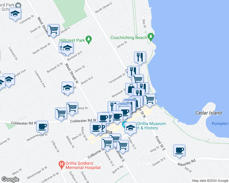 map of restaurants, bars, coffee shops, grocery stores, and more near in Orillia