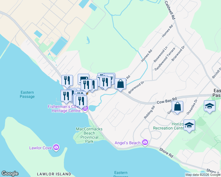 map of restaurants, bars, coffee shops, grocery stores, and more near 87 Cow Bay Road in Eastern Passage