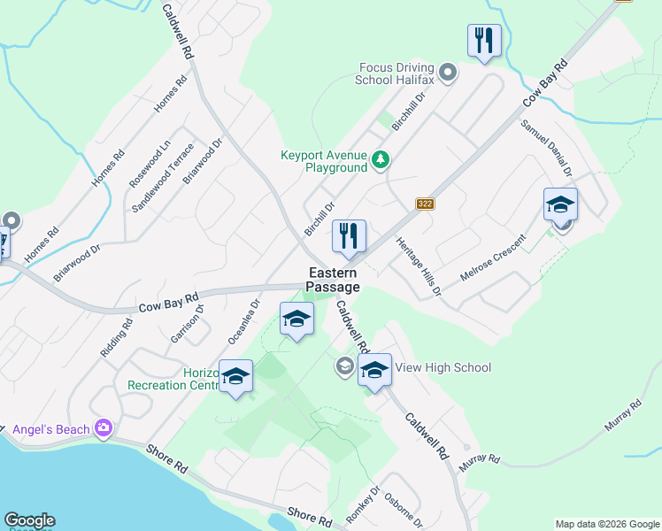 map of restaurants, bars, coffee shops, grocery stores, and more near 1764 Caldwell Road in Eastern Passage