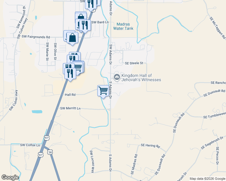 map of restaurants, bars, coffee shops, grocery stores, and more near 47 Southeast Dee Lane in Madras