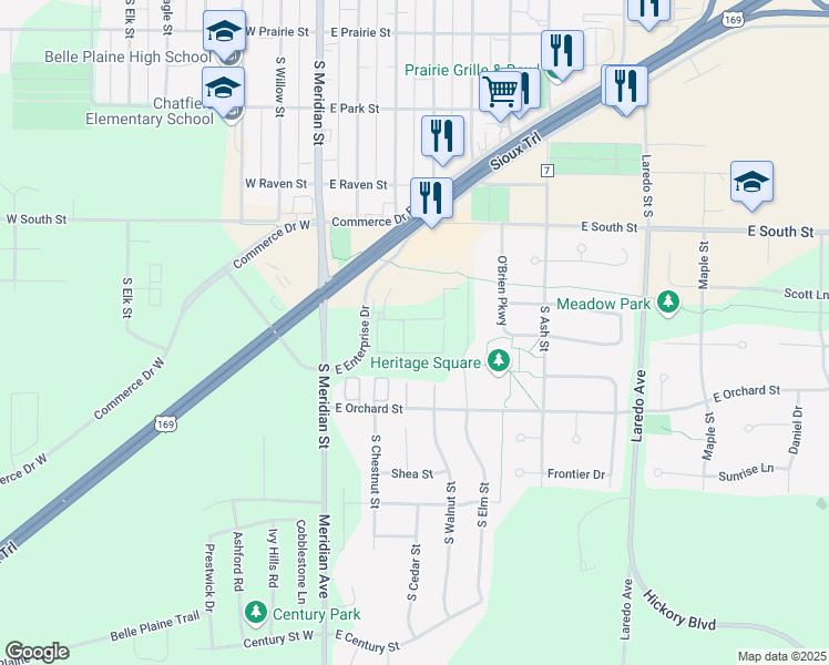 map of restaurants, bars, coffee shops, grocery stores, and more near 311 East Enterprise Drive in Belle Plaine