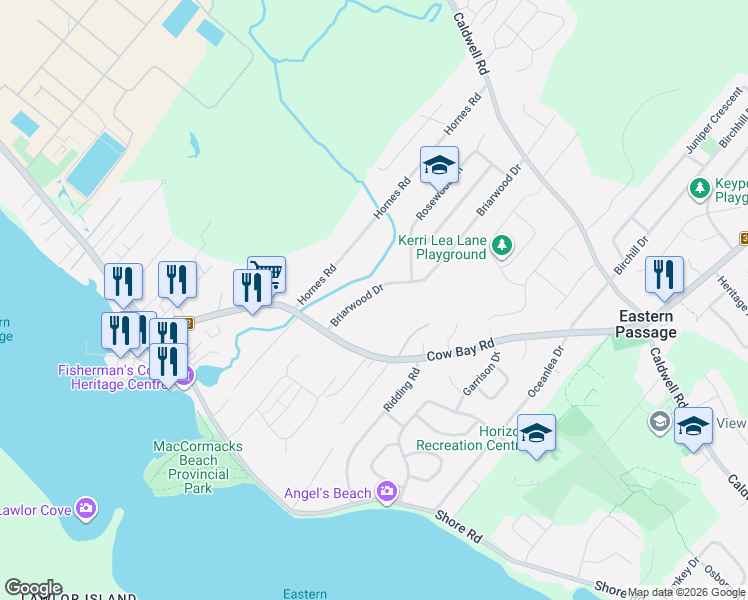 map of restaurants, bars, coffee shops, grocery stores, and more near 45 Briarwood Drive in Eastern Passage