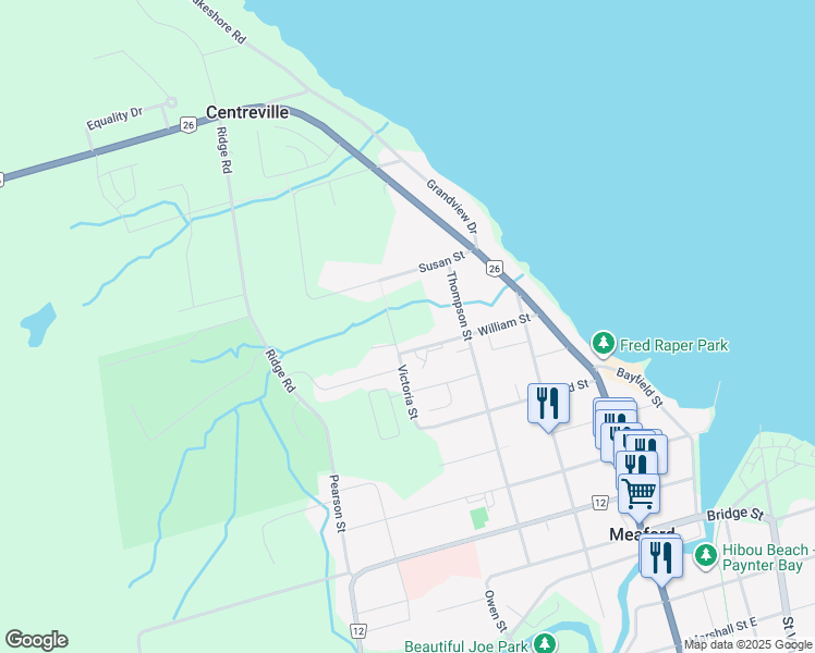 map of restaurants, bars, coffee shops, grocery stores, and more near 83 Victoria Street in Meaford