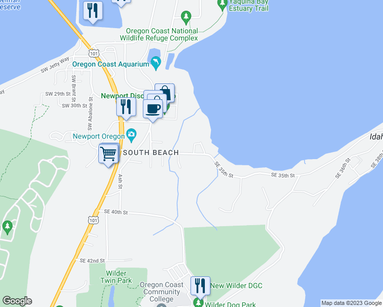 map of restaurants, bars, coffee shops, grocery stores, and more near 411 Southeast 35th Street in Newport
