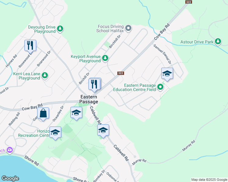 map of restaurants, bars, coffee shops, grocery stores, and more near 1 Kohar Court in Eastern Passage
