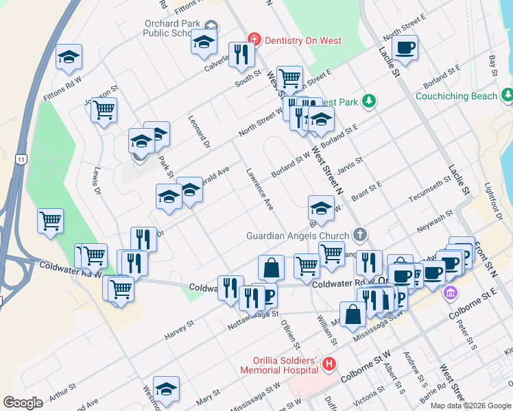 map of restaurants, bars, coffee shops, grocery stores, and more near 77 June Drive in Orillia