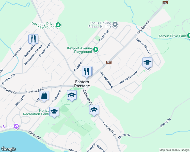 map of restaurants, bars, coffee shops, grocery stores, and more near 419 Nova Scotia 322 in Eastern Passage