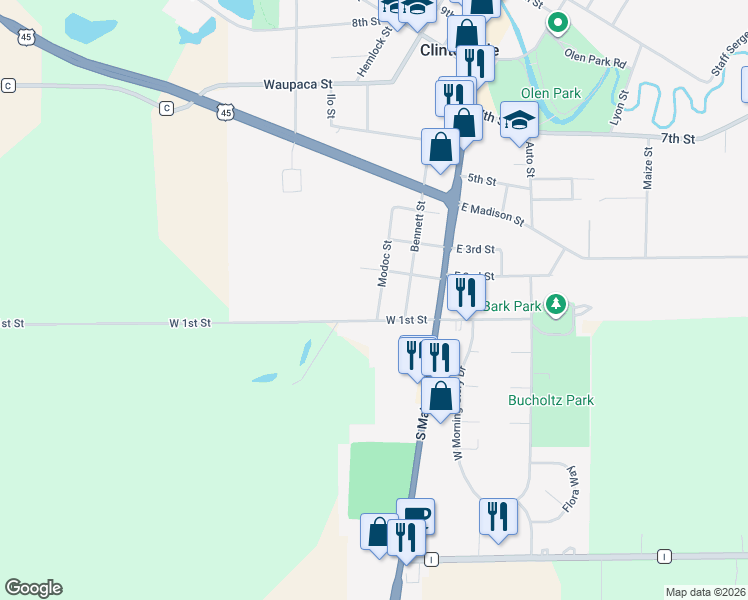 map of restaurants, bars, coffee shops, grocery stores, and more near 253 Modoc Street in Clintonville