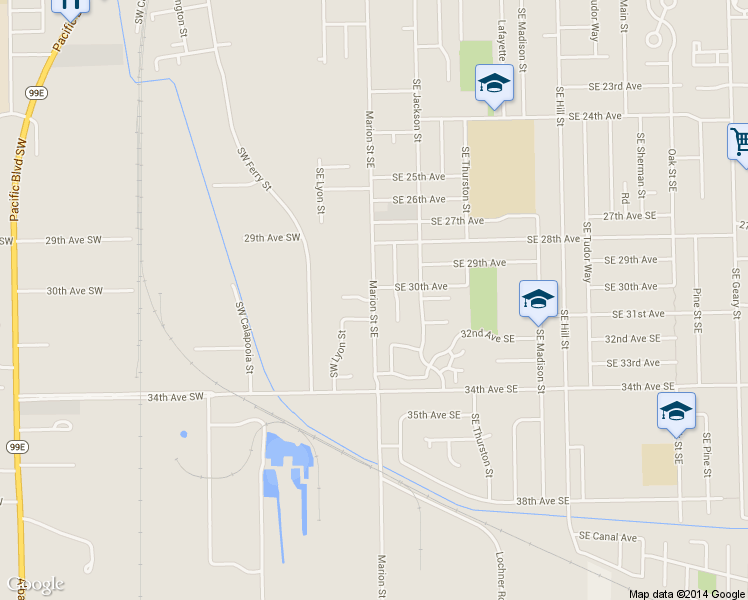 map of restaurants, bars, coffee shops, grocery stores, and more near Marion St SE & SE 30th Pl in Albany