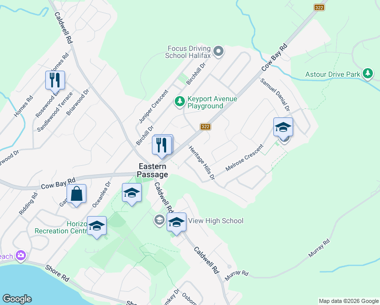 map of restaurants, bars, coffee shops, grocery stores, and more near 2 Kohar Court in Eastern Passage