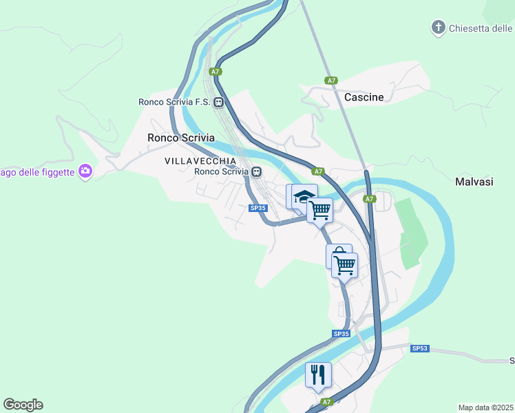 map of restaurants, bars, coffee shops, grocery stores, and more near 2 Via Oneo in Ronco Scrivia