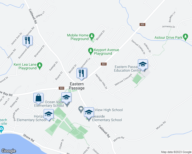 map of restaurants, bars, coffee shops, grocery stores, and more near 2 Kohar Court in Eastern Passage