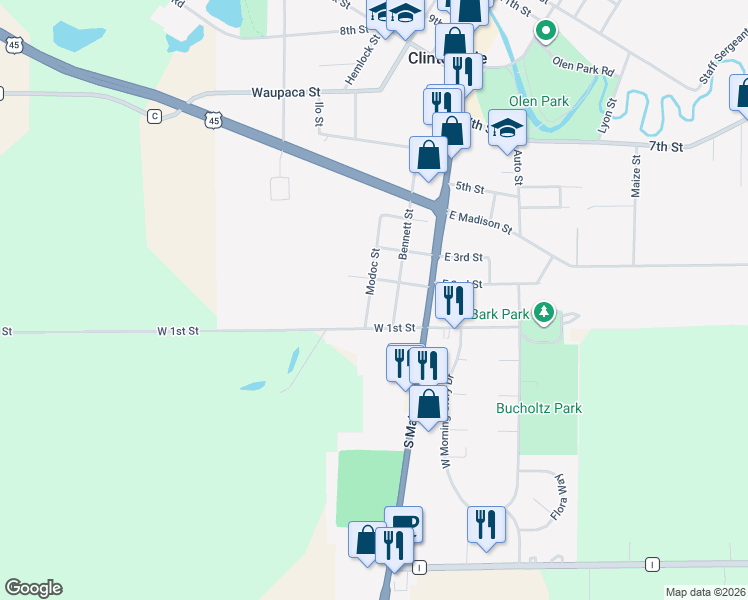 map of restaurants, bars, coffee shops, grocery stores, and more near 253 Modoc Street in Clintonville
