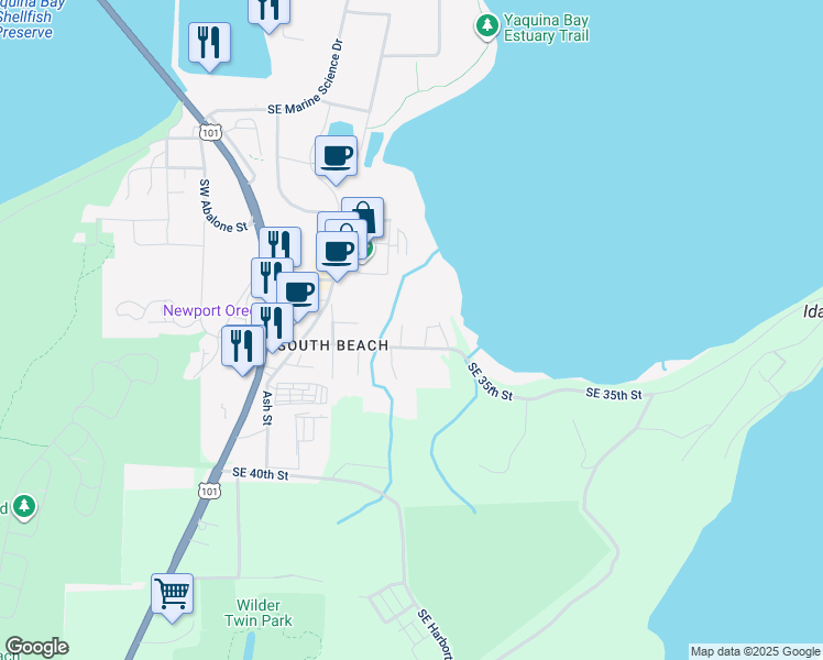 map of restaurants, bars, coffee shops, grocery stores, and more near 411 Southeast 35th Street in Newport
