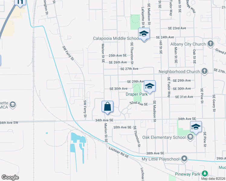 map of restaurants, bars, coffee shops, grocery stores, and more near 3036 Southeast Railroad Street in Albany
