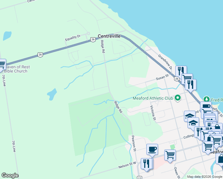 map of restaurants, bars, coffee shops, grocery stores, and more near 403 Ridge Road in Meaford