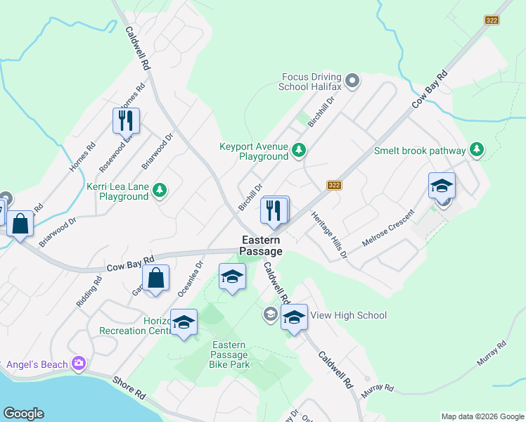 map of restaurants, bars, coffee shops, grocery stores, and more near 90 Taylorwood Lane in Eastern Passage