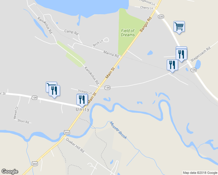 map of restaurants, bars, coffee shops, grocery stores, and more near 29 Depot Street in Unity