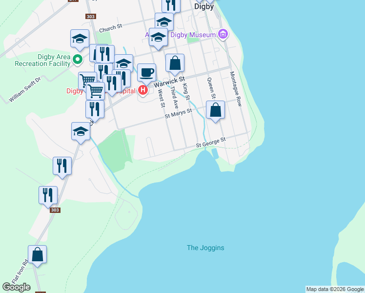 map of restaurants, bars, coffee shops, grocery stores, and more near 56 Saint George Street in Digby