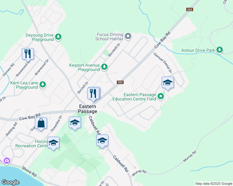 map of restaurants, bars, coffee shops, grocery stores, and more near 47 Delcraft Court in Eastern Passage