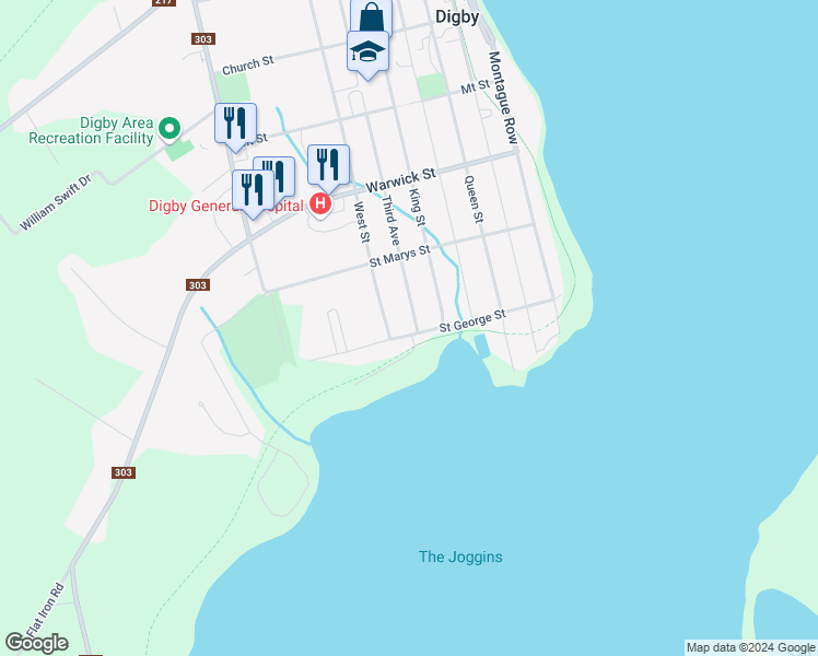 map of restaurants, bars, coffee shops, grocery stores, and more near 56 Saint George Street in Digby