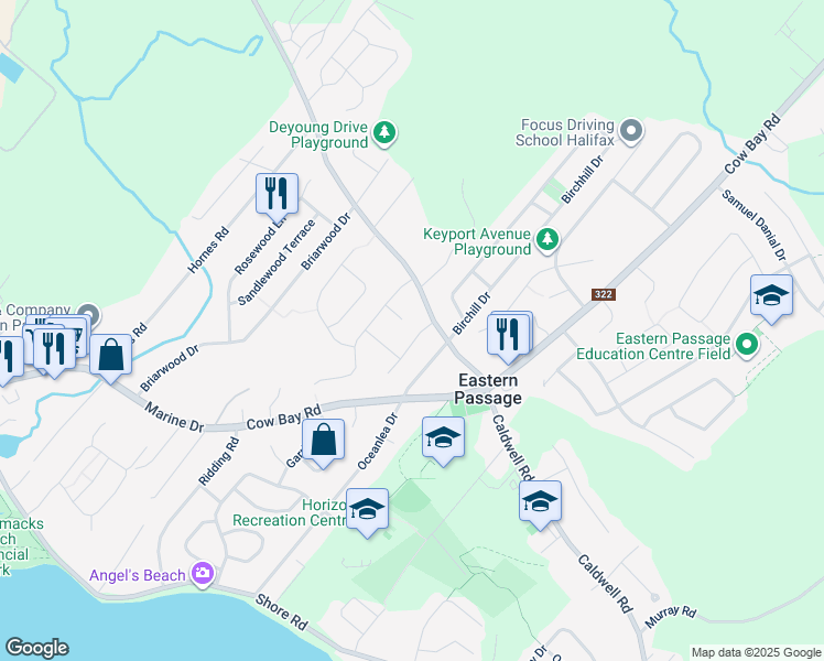 map of restaurants, bars, coffee shops, grocery stores, and more near 17 Boyne Court in Eastern Passage