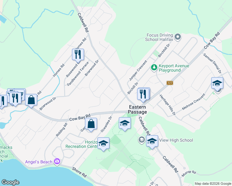 map of restaurants, bars, coffee shops, grocery stores, and more near 17 Boyne Court in Eastern Passage
