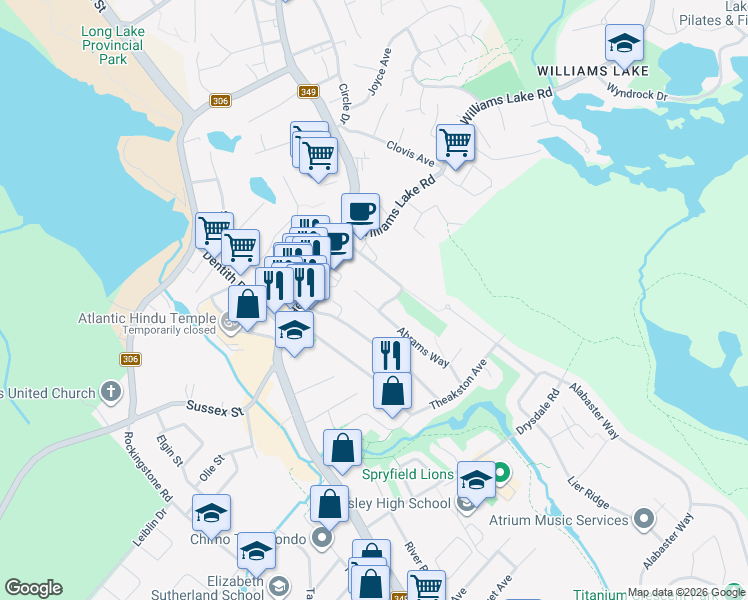 map of restaurants, bars, coffee shops, grocery stores, and more near 173 Abrams Way in Halifax