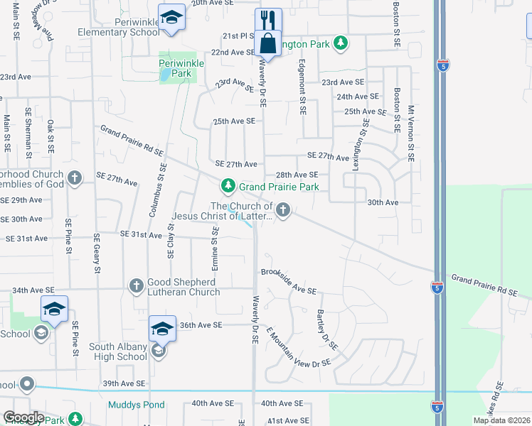 map of restaurants, bars, coffee shops, grocery stores, and more near 2850 Grand Prairie Road Southeast in Albany