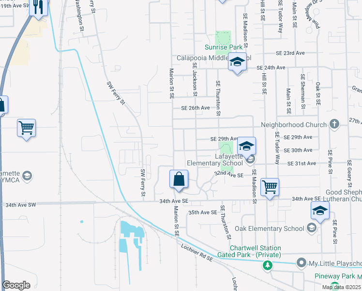 map of restaurants, bars, coffee shops, grocery stores, and more near 3036 Southeast Railroad Street in Albany