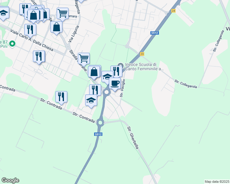map of restaurants, bars, coffee shops, grocery stores, and more near 68 Via Messina in Modena