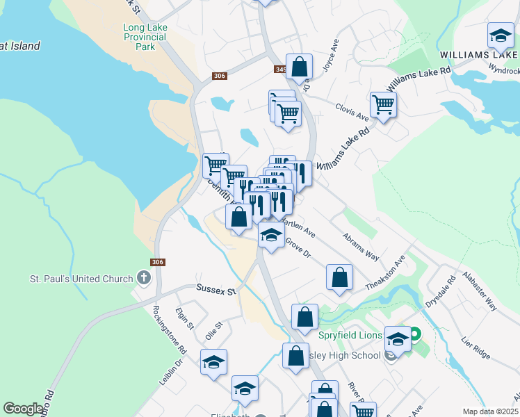 map of restaurants, bars, coffee shops, grocery stores, and more near 5 Dentith Road in Halifax