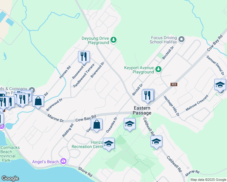 map of restaurants, bars, coffee shops, grocery stores, and more near 19 Kaleigh Drive in Eastern Passage