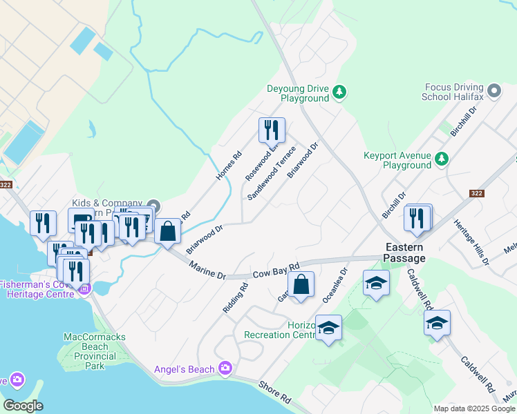 map of restaurants, bars, coffee shops, grocery stores, and more near 2 Aubrey Terrace in Eastern Passage