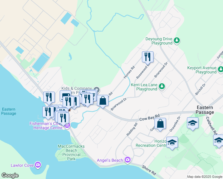 map of restaurants, bars, coffee shops, grocery stores, and more near 70 Hornes Road in Eastern Passage
