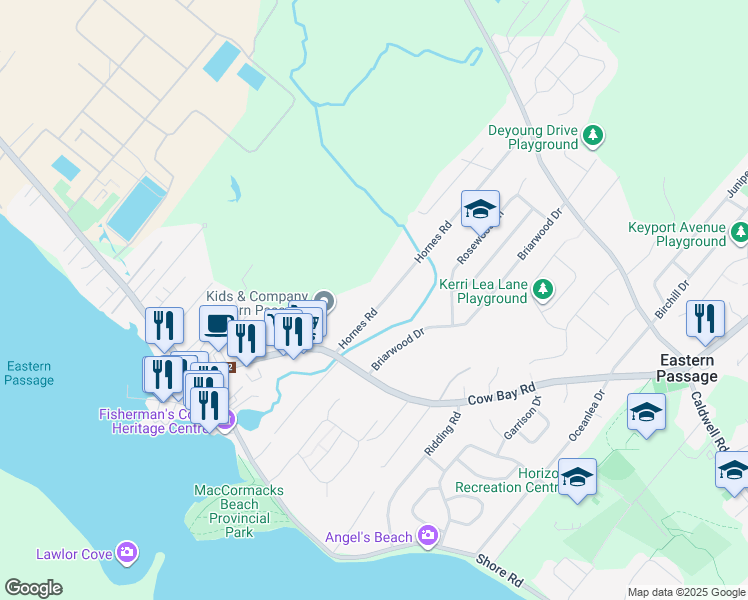 map of restaurants, bars, coffee shops, grocery stores, and more near 70 Hornes Road in Eastern Passage