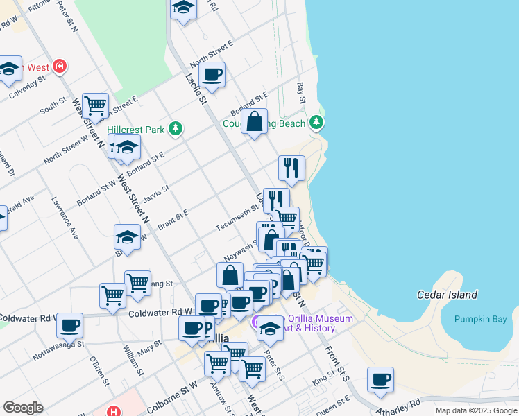 map of restaurants, bars, coffee shops, grocery stores, and more near in Orillia