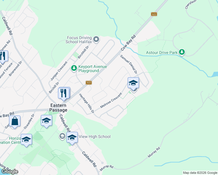 map of restaurants, bars, coffee shops, grocery stores, and more near 175 Jeep Crescent in Eastern Passage