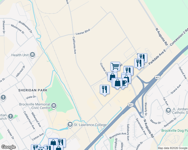 map of restaurants, bars, coffee shops, grocery stores, and more near 1185 California Avenue in Brockville