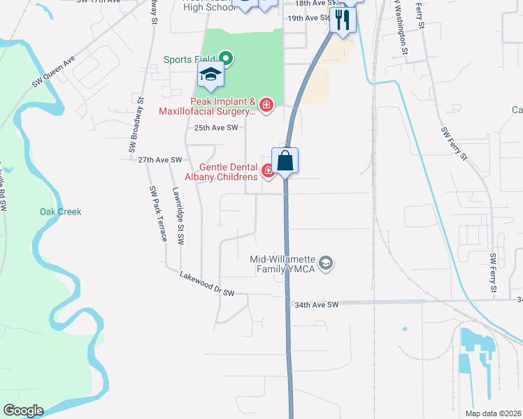 map of restaurants, bars, coffee shops, grocery stores, and more near 2901 Fir Oaks Drive Southwest in Albany