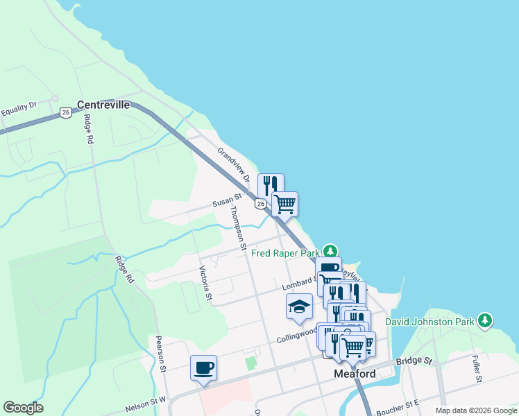 map of restaurants, bars, coffee shops, grocery stores, and more near 344 Sykes Street North in Meaford