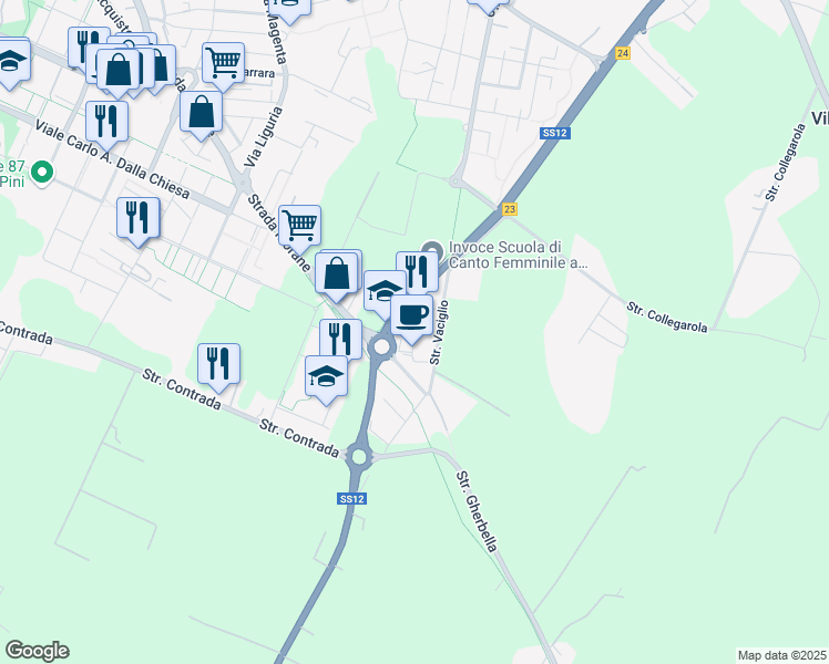 map of restaurants, bars, coffee shops, grocery stores, and more near 2-68 Via Messina in Modena