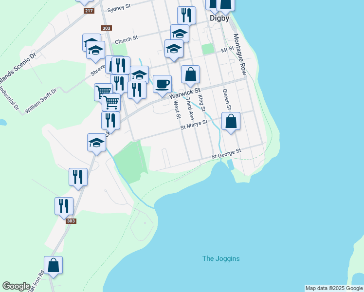 map of restaurants, bars, coffee shops, grocery stores, and more near 33 West Street in Digby