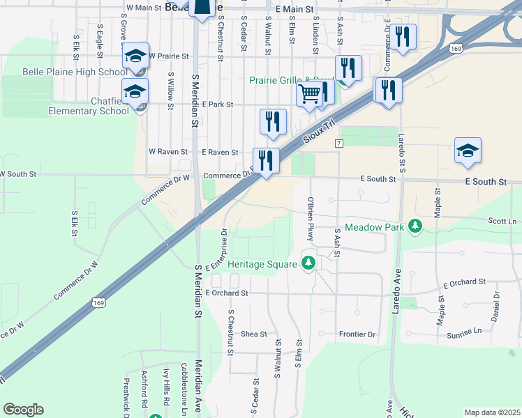 map of restaurants, bars, coffee shops, grocery stores, and more near 311 East Enterprise Drive in Belle Plaine