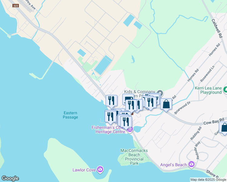 map of restaurants, bars, coffee shops, grocery stores, and more near Tidewinds Lane in Eastern Passage