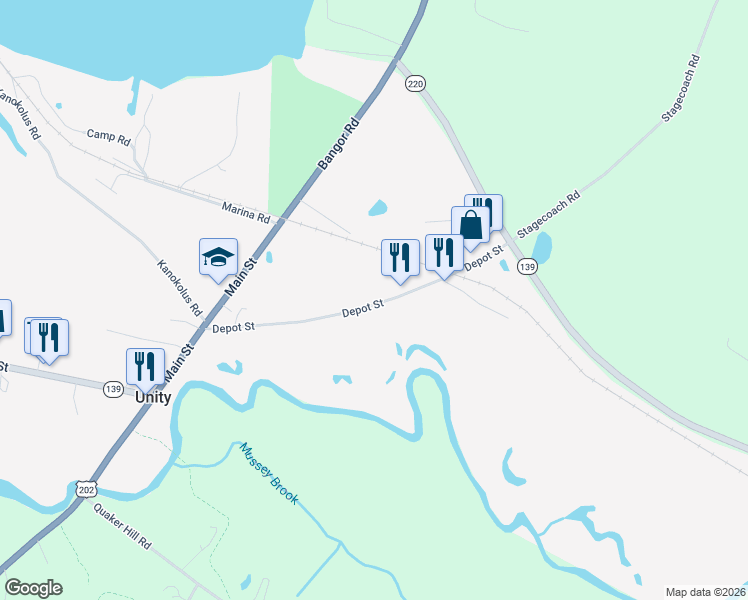 map of restaurants, bars, coffee shops, grocery stores, and more near 195 Depot Street in Unity