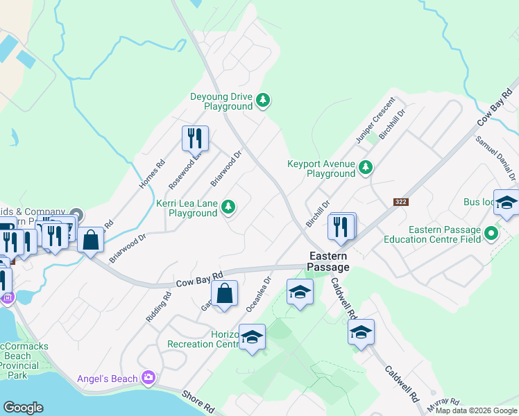 map of restaurants, bars, coffee shops, grocery stores, and more near 27 Kaleigh Drive in Eastern Passage