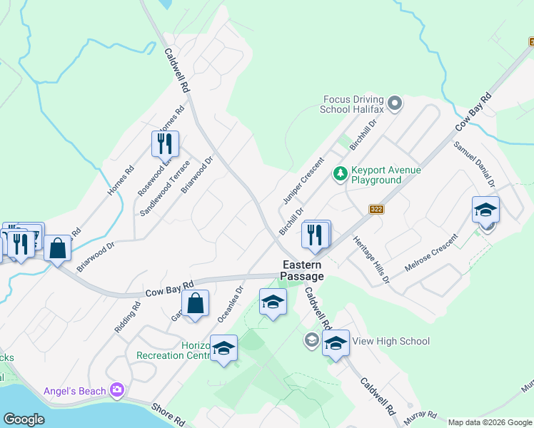 map of restaurants, bars, coffee shops, grocery stores, and more near 1702 Caldwell Road in Eastern Passage