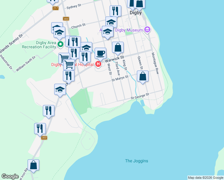 map of restaurants, bars, coffee shops, grocery stores, and more near 35 West Street in Digby